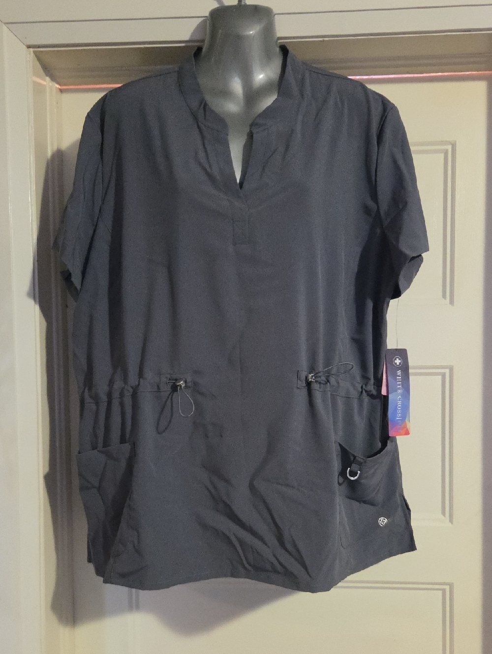 White Cross Gray Utility Scrub Top with Pocket Details